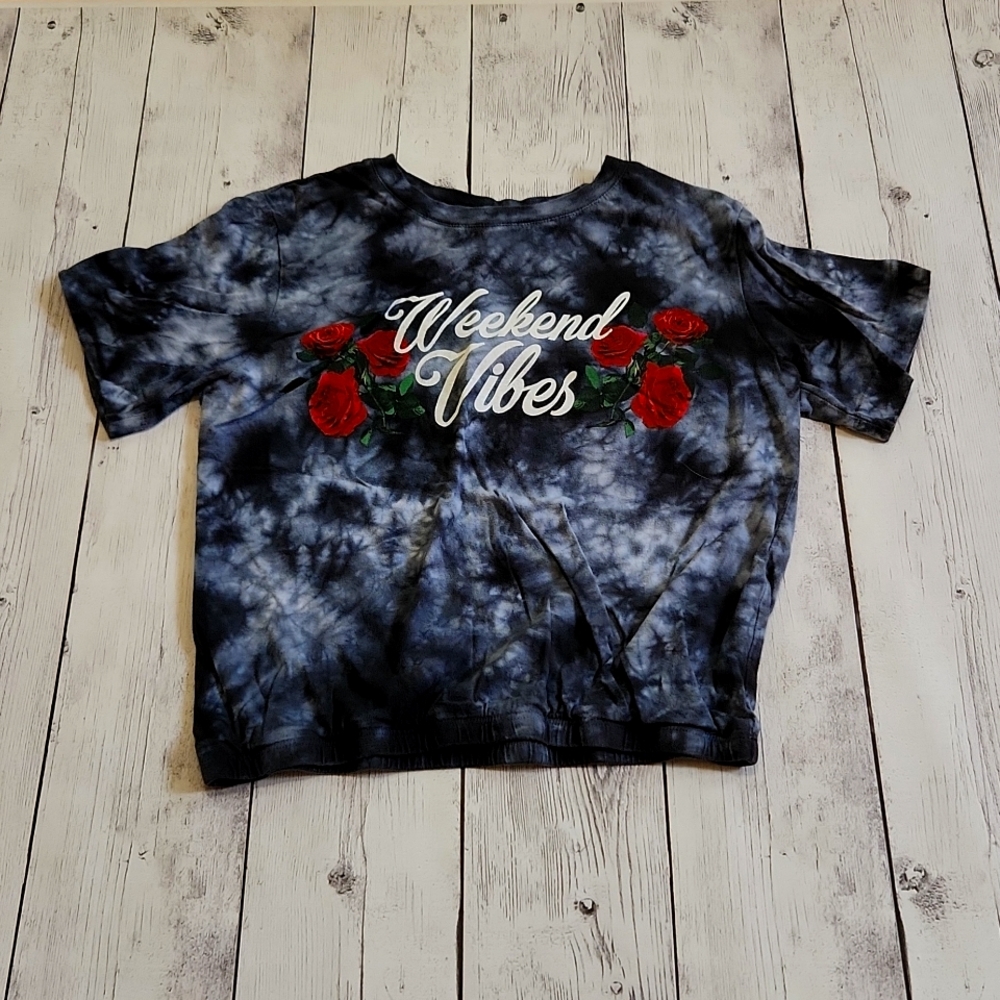 Mighty Fine XS Tie Dye Weekend Vibes with Roses T shirt. Bottom has elastic